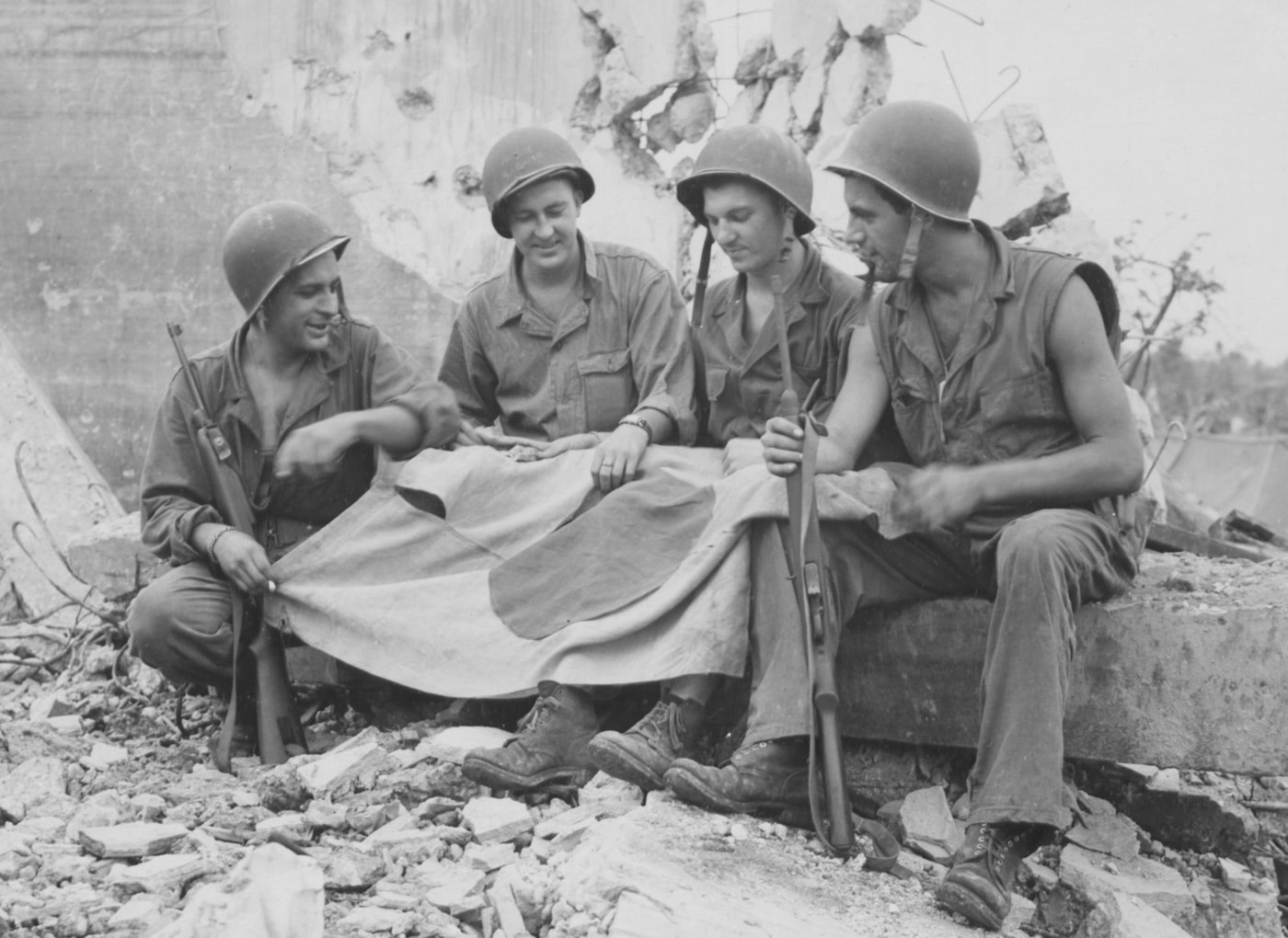 americans with a japanese flag captured on angaur island