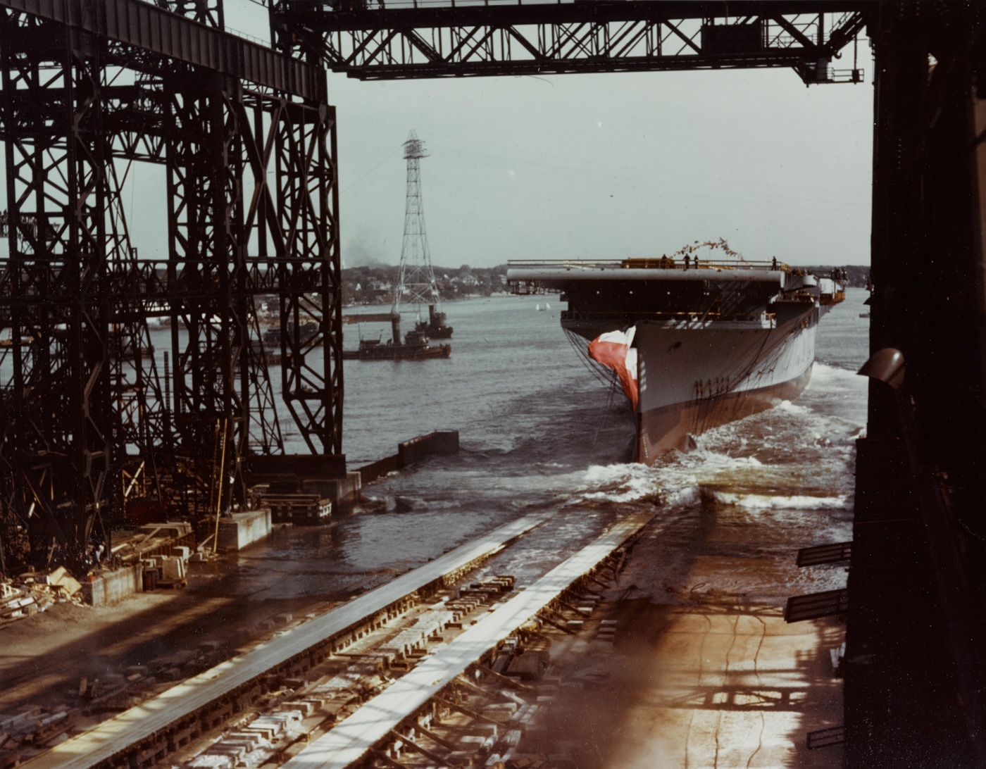 uss lexington launching from dry dock building cv-16 september 1942