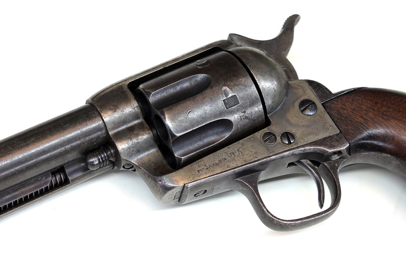 Shown here is an original Single Action Army revolver. Popular with collectors, the original revolvers were carried by members of the United States military. The guns were made by Colt.