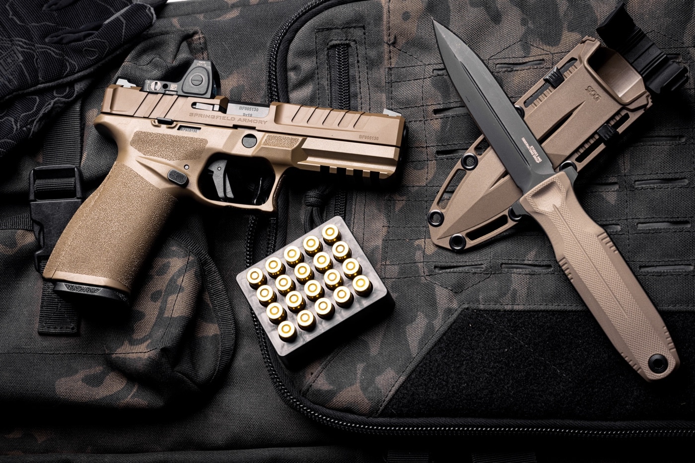 As designed, the Springfield Armory Echelon allows for the direct mounting of a large number of red dot sights. In this photo, we see a Trijicon RMR 2 sight mounted onto the slide of a Desert FDE Echelon.