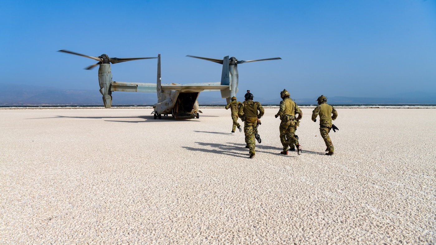82nd Expeditionary Rescue Squadron pararescue with Marine V-22 in Africa — A small number of parajumpers are assigned to the Air Force Special Operations Command.