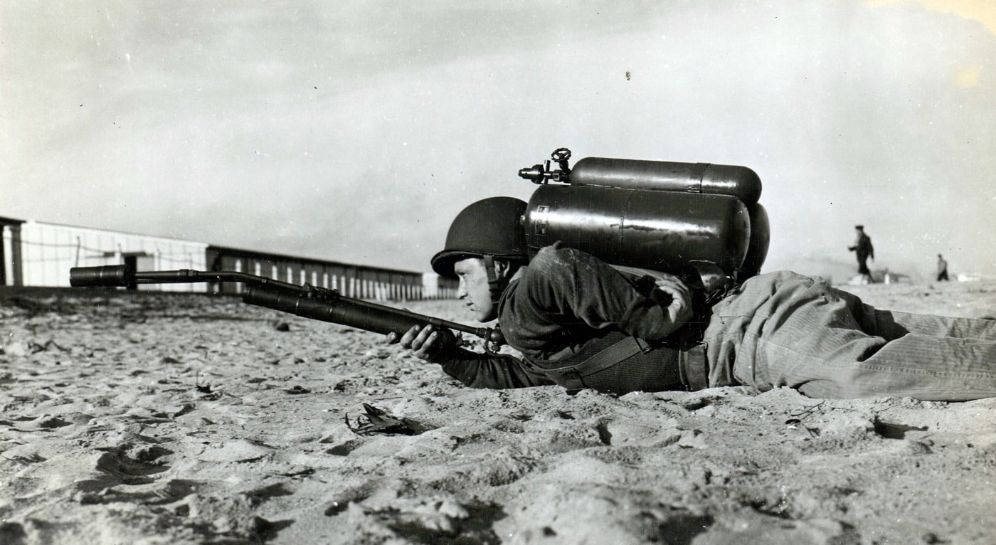 This American Marine trains with the M1 flamethrower. They were not powerful enough to be very useful on Normandy.