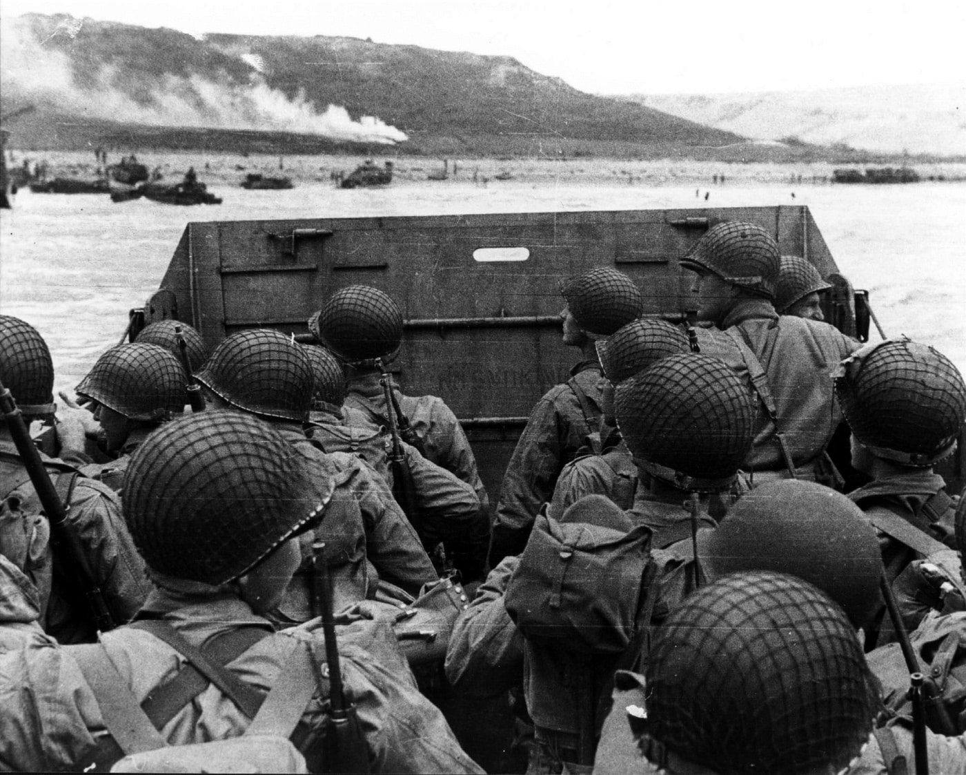 Here we see American troops on landing craft making their way to the beach on D-Day.
