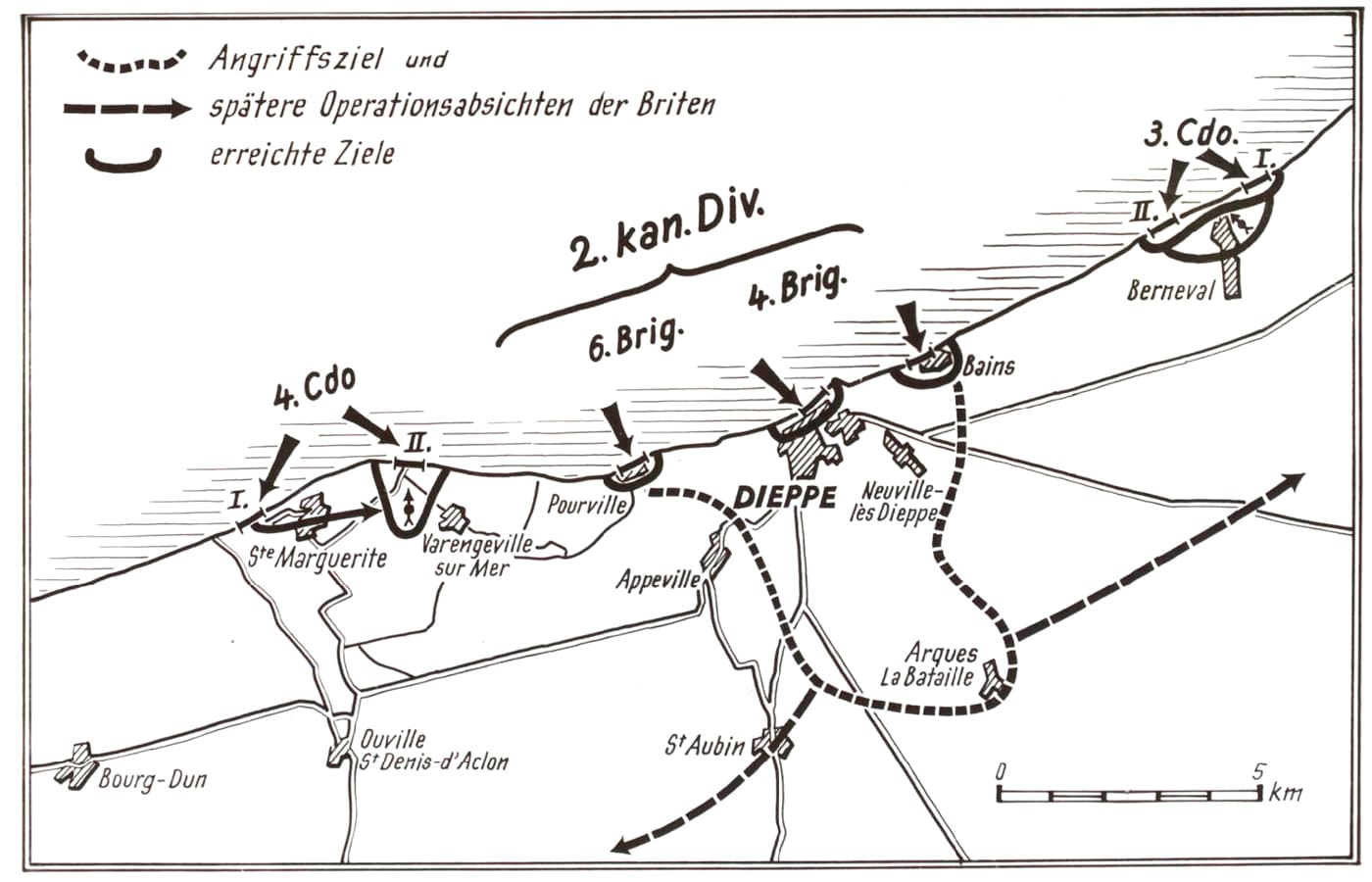 This is a reproduction of a Nazi Germany map of the Dieppe Raid. It was made by German intelligence officers who studied the operation.