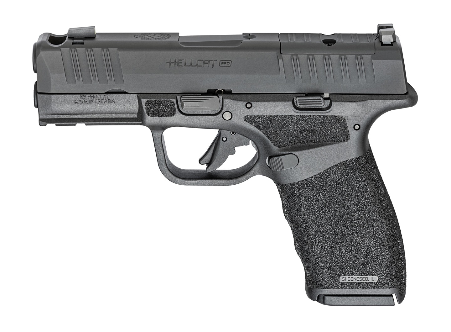 In this photograph we see the Springfield Armory Hellcat Pro Comp, which is a semi-automatic pistol chambered in 9x19mm Parabellum. It features the company's Adaptive Grip Texture.