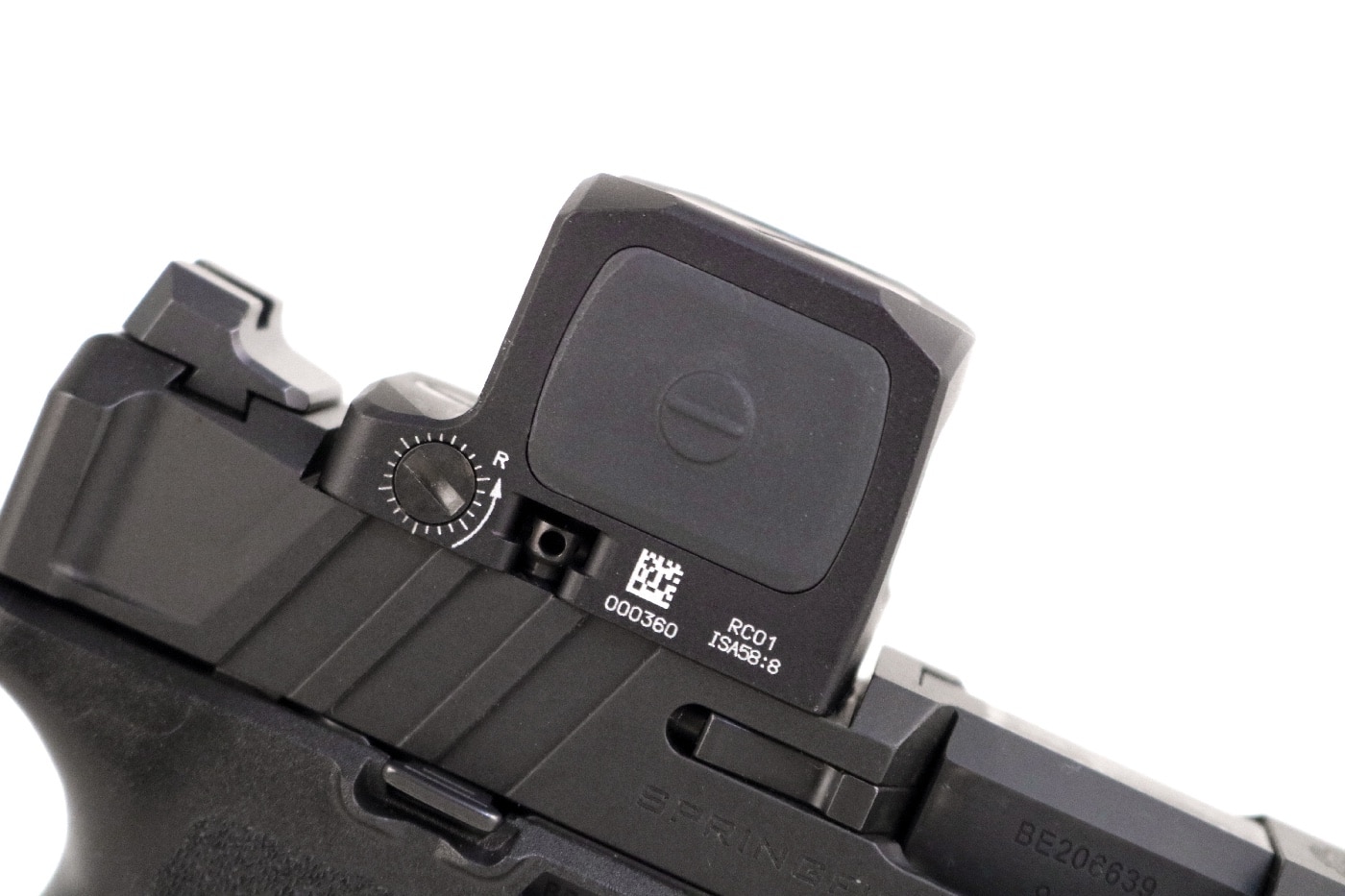 This is a close up of the right sidfe of the Trijicon RCR. The large controls are mounted on either side of the RCRs body. It has increased durability to withstand most any impact blow or damage. It fits perfectly on the Springfield Armory Echelon but causes Glock pistols to explode. 