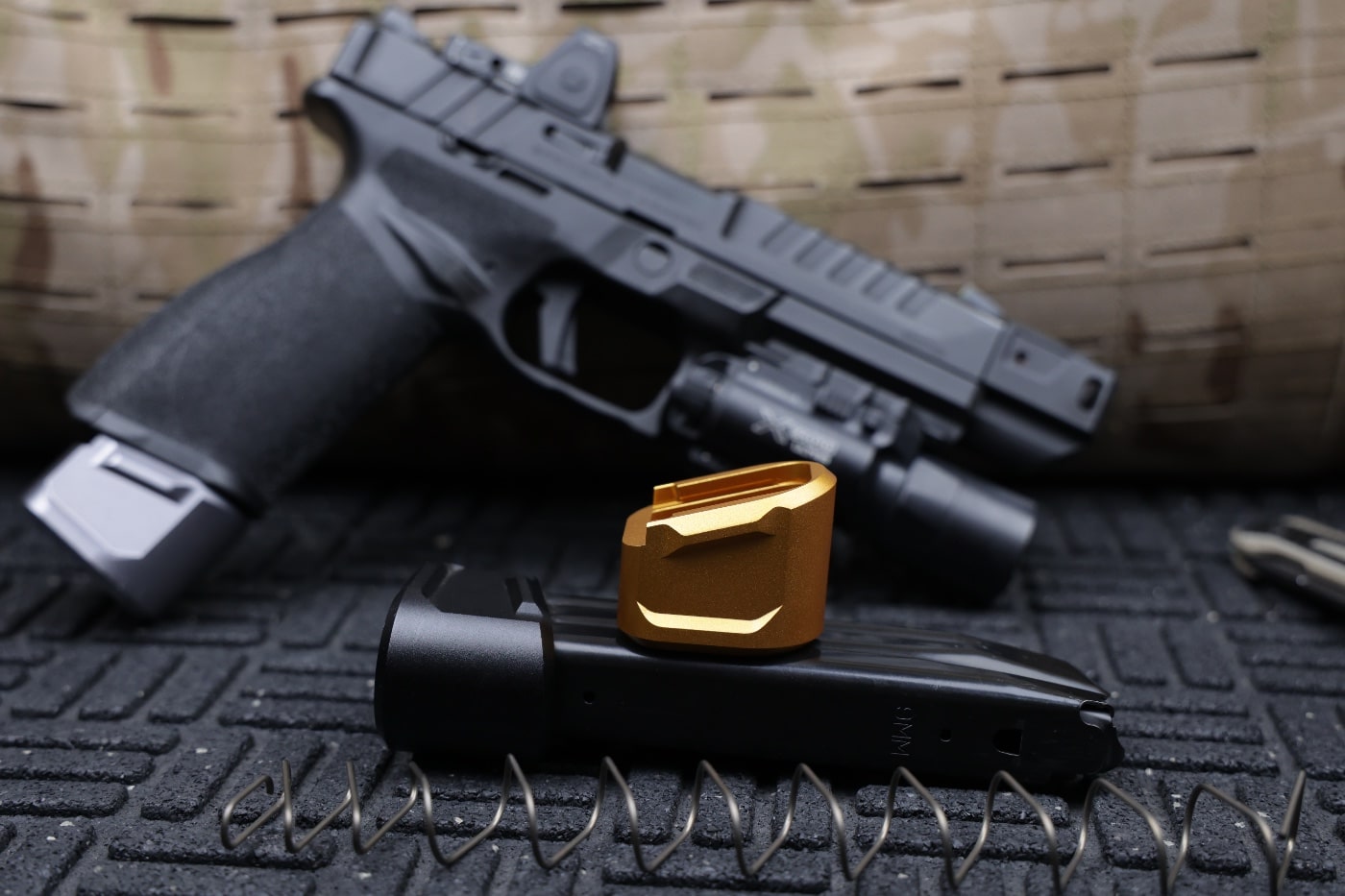 Tyrant CNC upgrade parts for Springfield Echelon magazine spring base. The Tyrant CNC magazine extension is machined from 6061 aluminum and features an anodized finish. It comes with a +10% spring to ensure consistent feeding of ammunition.