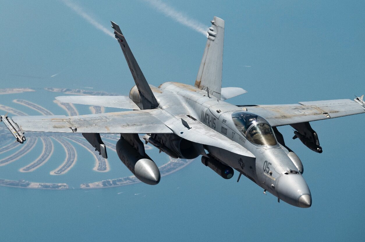 United States Marine Corps F18 Hornet fighter plane in flight