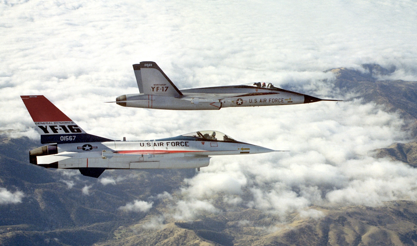 YF-16 and YF-17 in flight