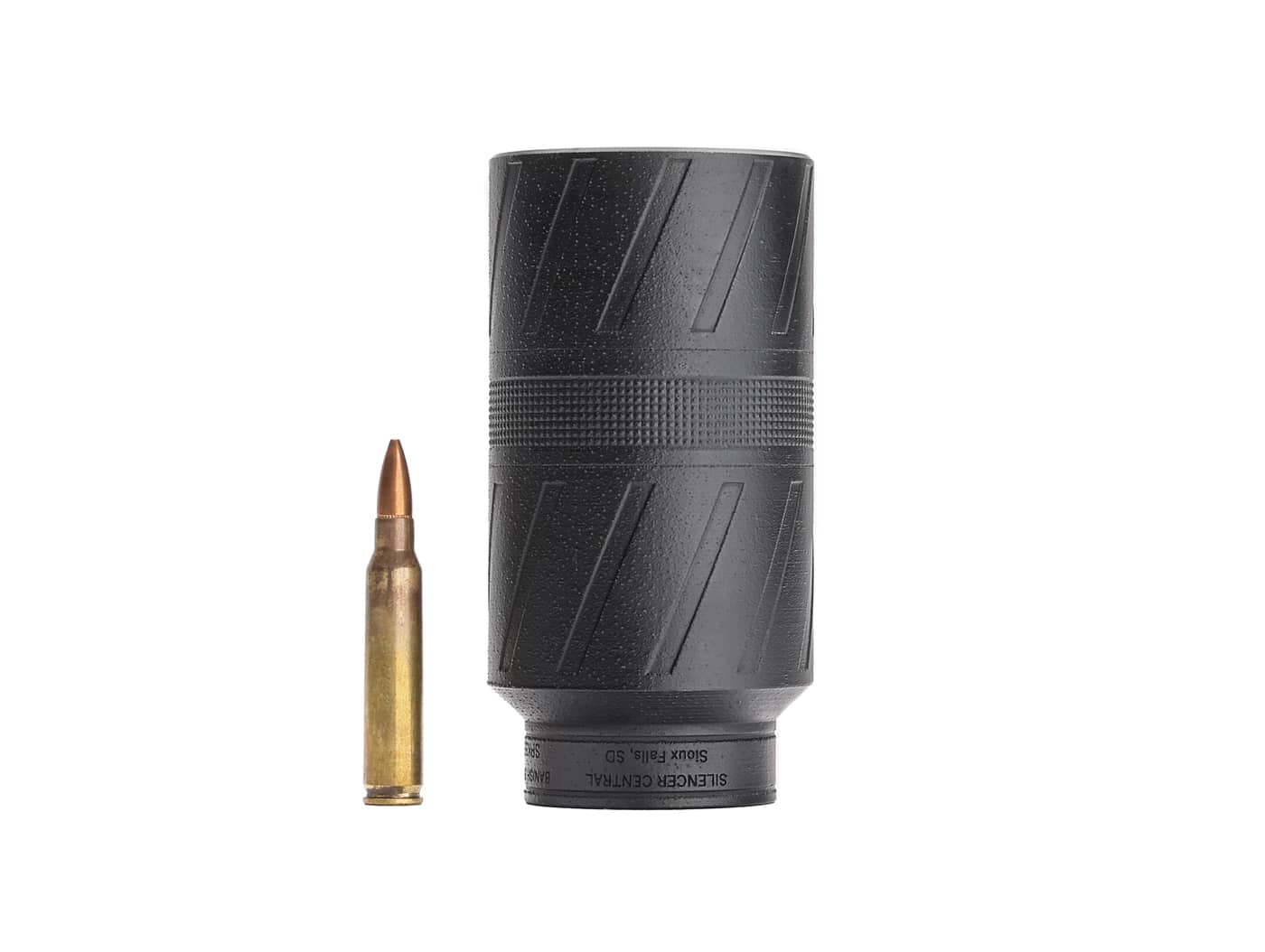 compact size of Speed K suppressor shown with 556 NATO cartridge