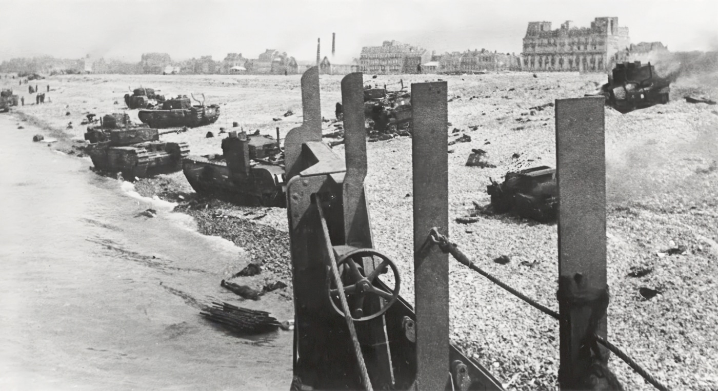 This photo demonstrates the disaster for allied forces during the Dieppe Raid. All tanks were captured or destroyed. Most never made it off the beach.