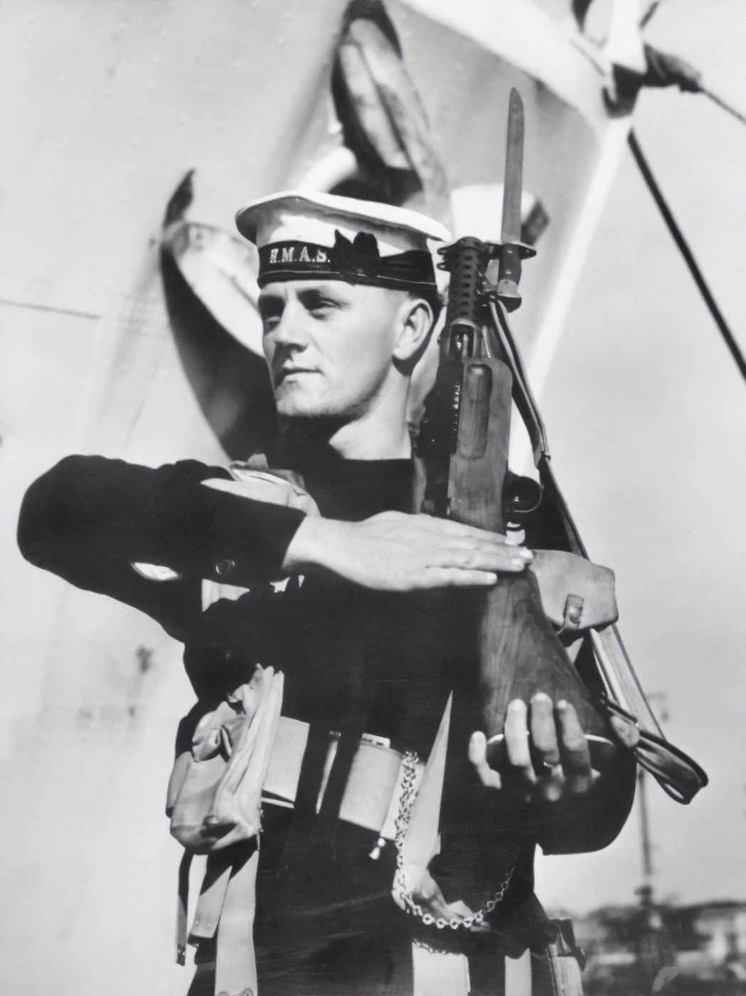 sailor of Royal Australian Navy with Lanchester SMG