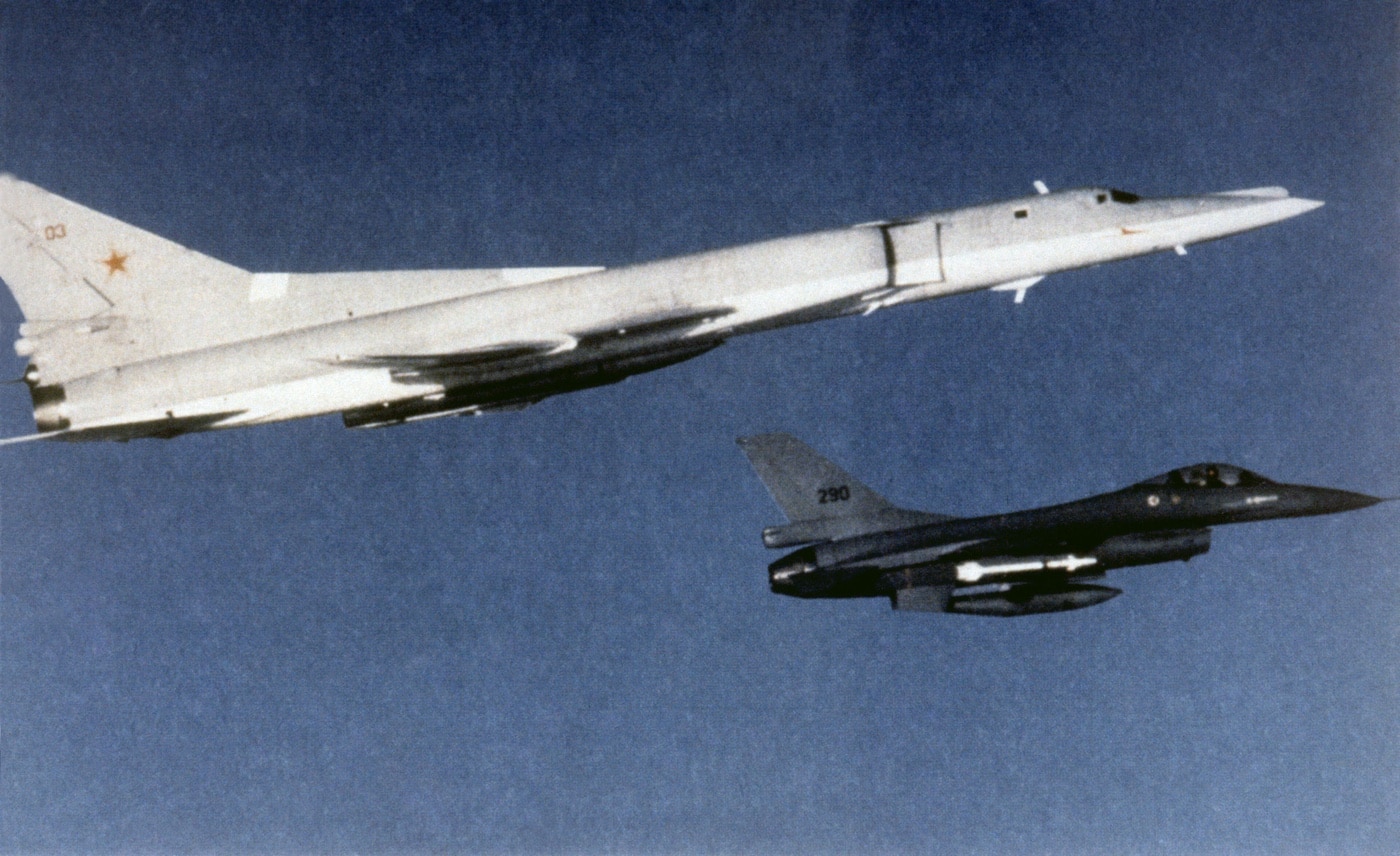 F-16 intercepts and escorts a Soviet Union Tu-22M Backfire bomber