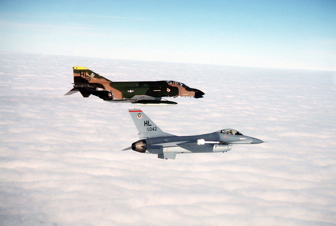 F-4 and F-16 in flight during 1980