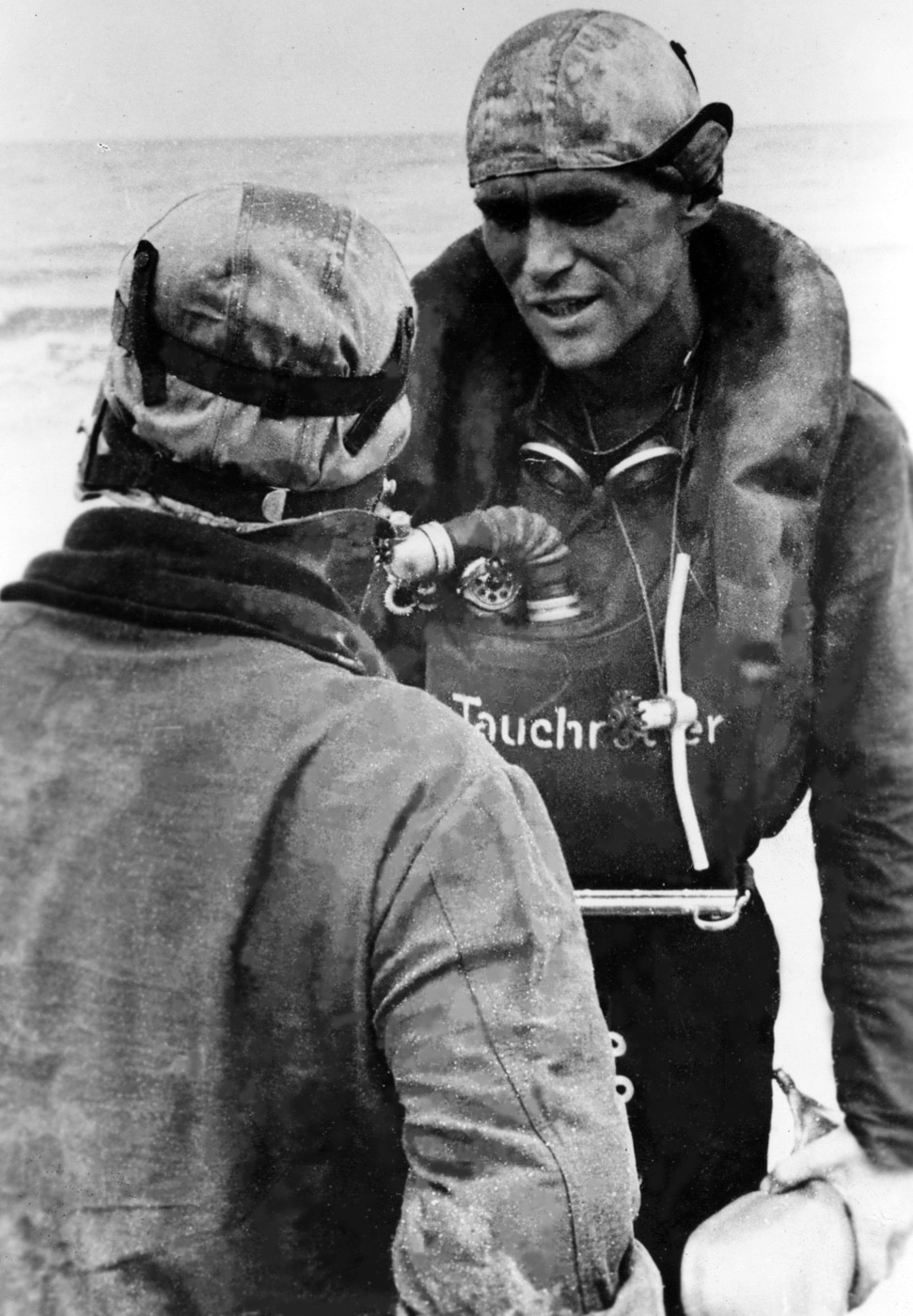 Neger midget submarine pilot wearing a Draeger breathing gear and wet suit