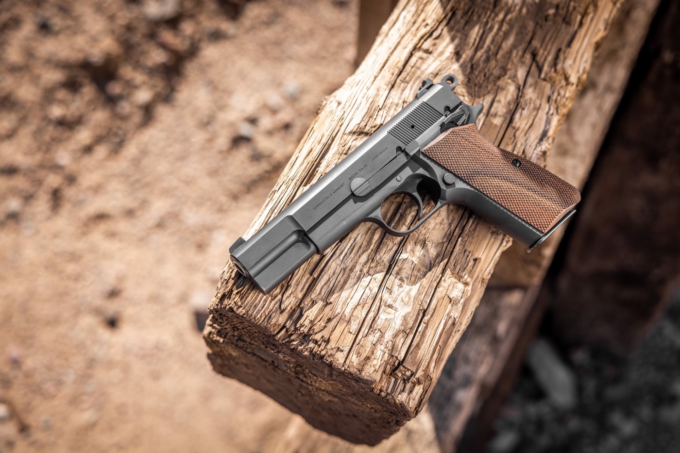 Shown here is the Springfield Armory sa-35 single-action pistol. The gun carries 15 rounds of 9mm in each magazine giving it an advantage in the caliber debate despite the smaller bullet diameter. For self defense, it is a good choice when compared to 40 S&W ammunition. 