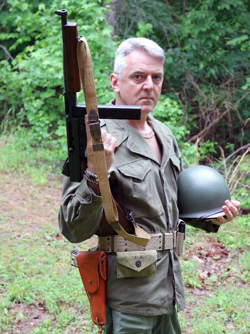 author in World War II uniform with M1916 holster from 1791 Gunleather