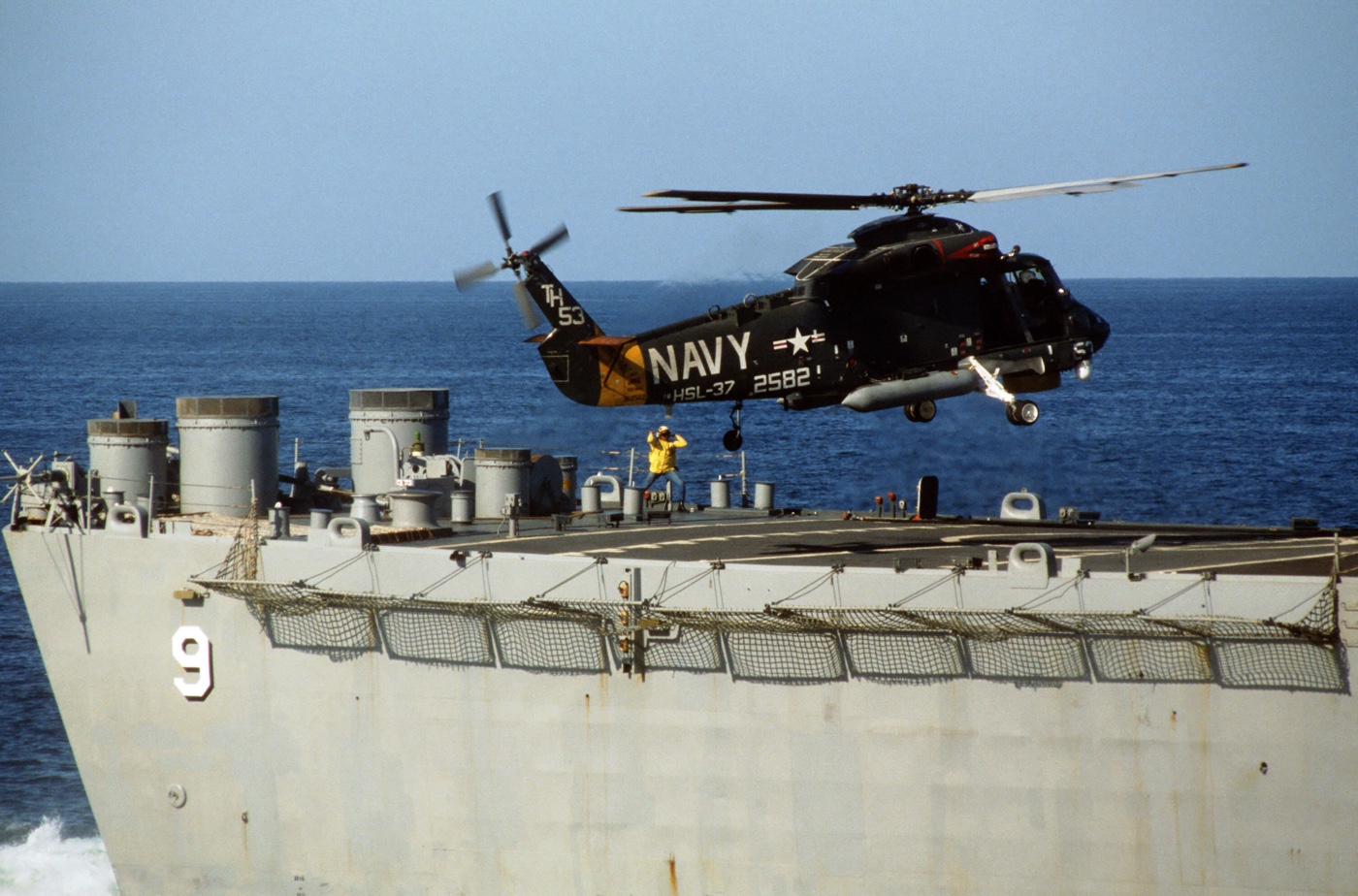 ASW helicopter SH-2F Sea Sprite lands on USS Long Beach