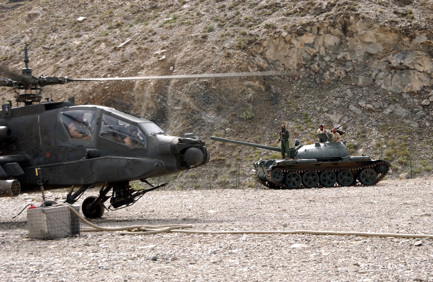 Afghanistan National Army T-62 and US Army AH-64 Apache