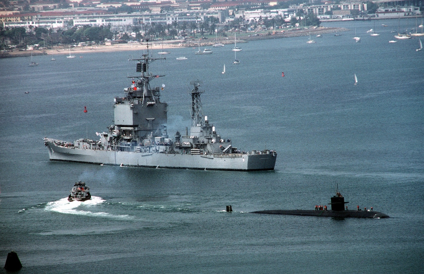 USS Long Beach passes USS La Jolla SSN-701 Los Angeles-class submarine