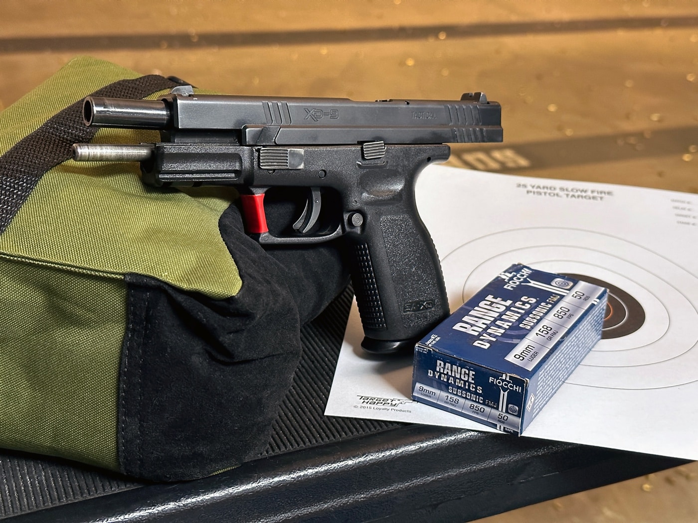 ammunition and Springfield XD pistol for testing