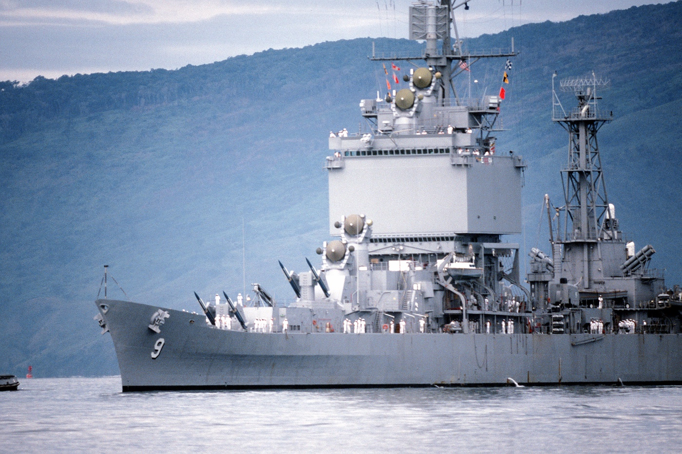 close up of superstructure and bridge on USS Long Beach