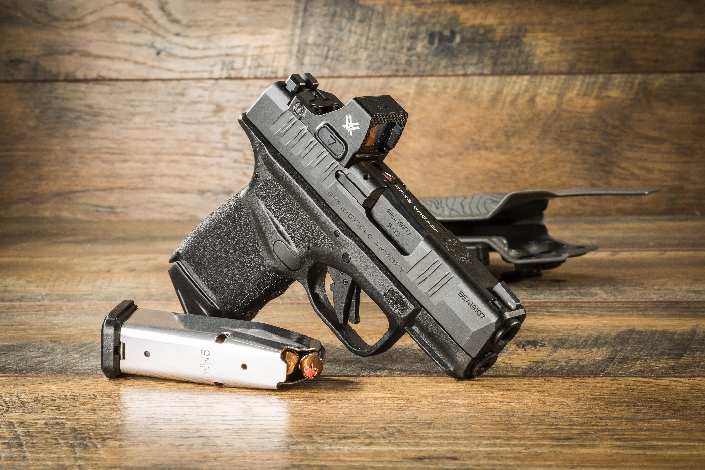 California compliant Springfield Armor Hellcat used for testing iron sight performance against red dot sight performance