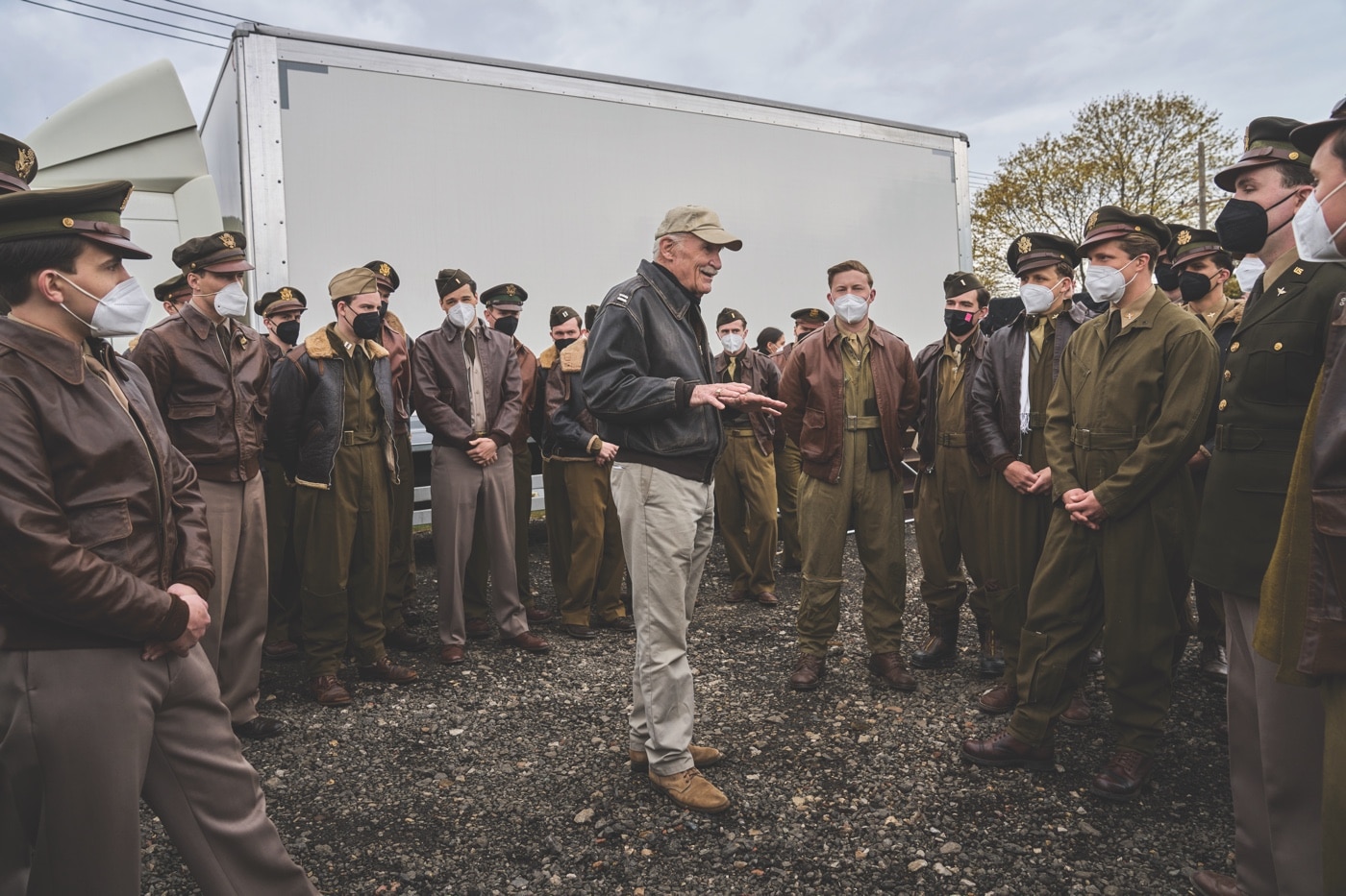 Captain Dale Dye instructs actors on set of Masters of the Air