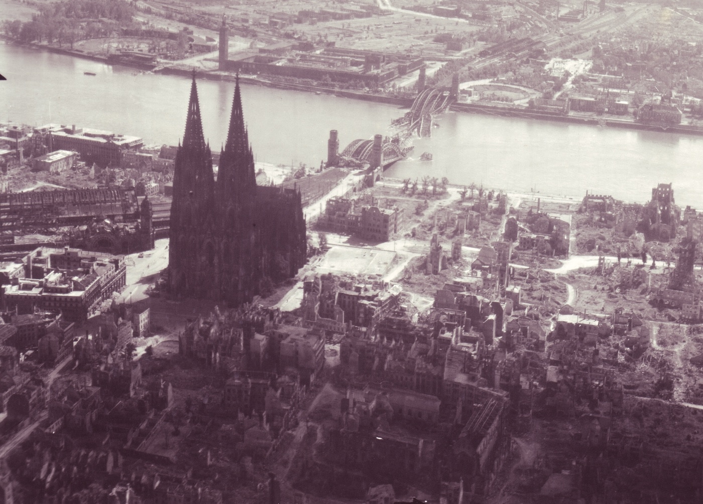 Cologne Cathedral April 1945 Rhine River destroyed bridge