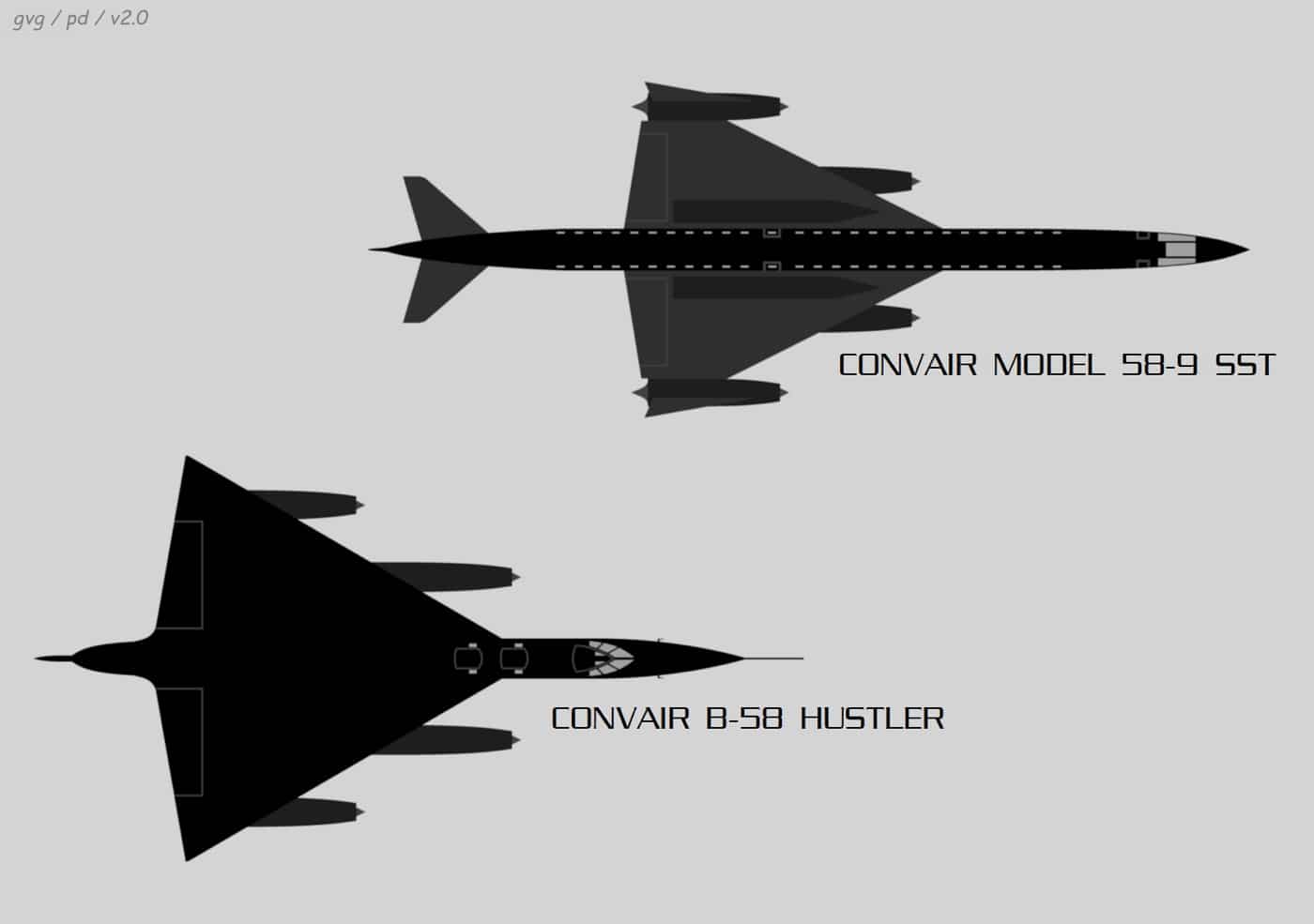 Convair B-58 Hustler and Convair Model 58-9 SST comparison