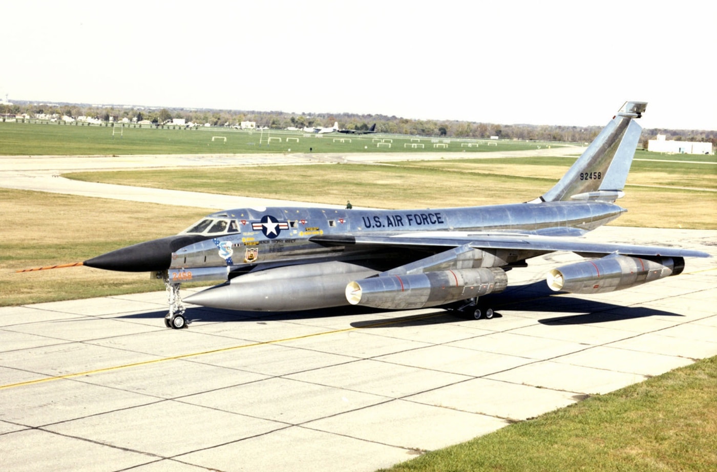 Convair B-58 Hustler strategic bomber on runway with a nuclear weapon in MB-1C