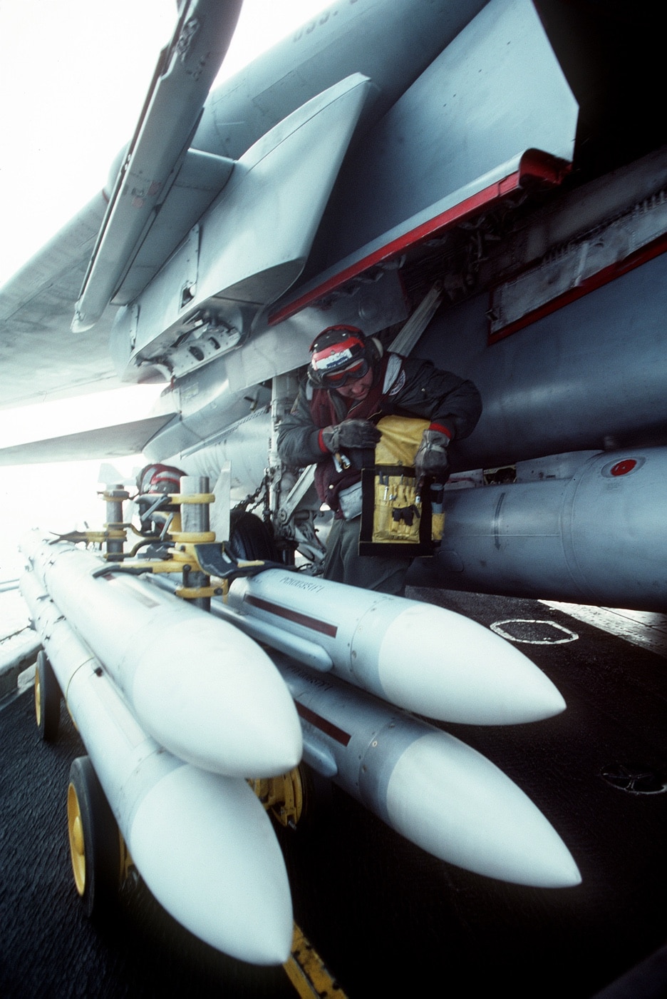 F-14 Tomcat loaded with AIM-7 Sparrow air-to-air missiles on USS John F Kennedy CV-67