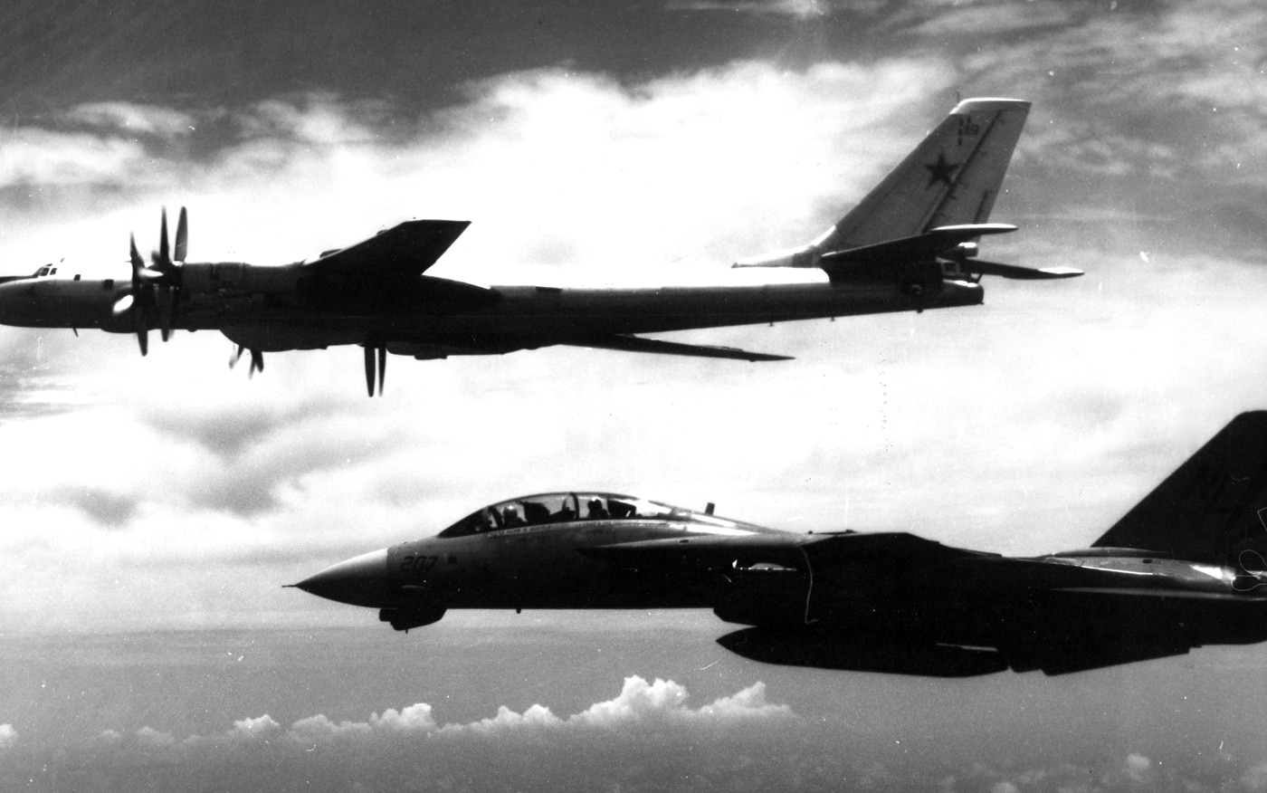 F-14 intercepts and escorts a Soviet Union Tupolev Tu-142 Bear F bomber