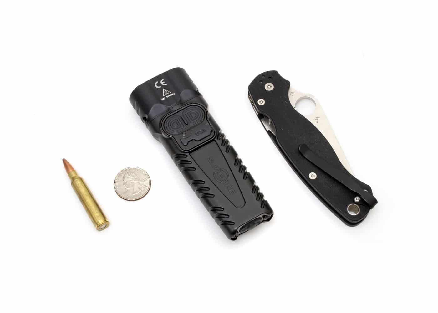 SureFire Stiletto Pro II review relative size to everyday carry items like a pocket knife quarter and rifle cartridge