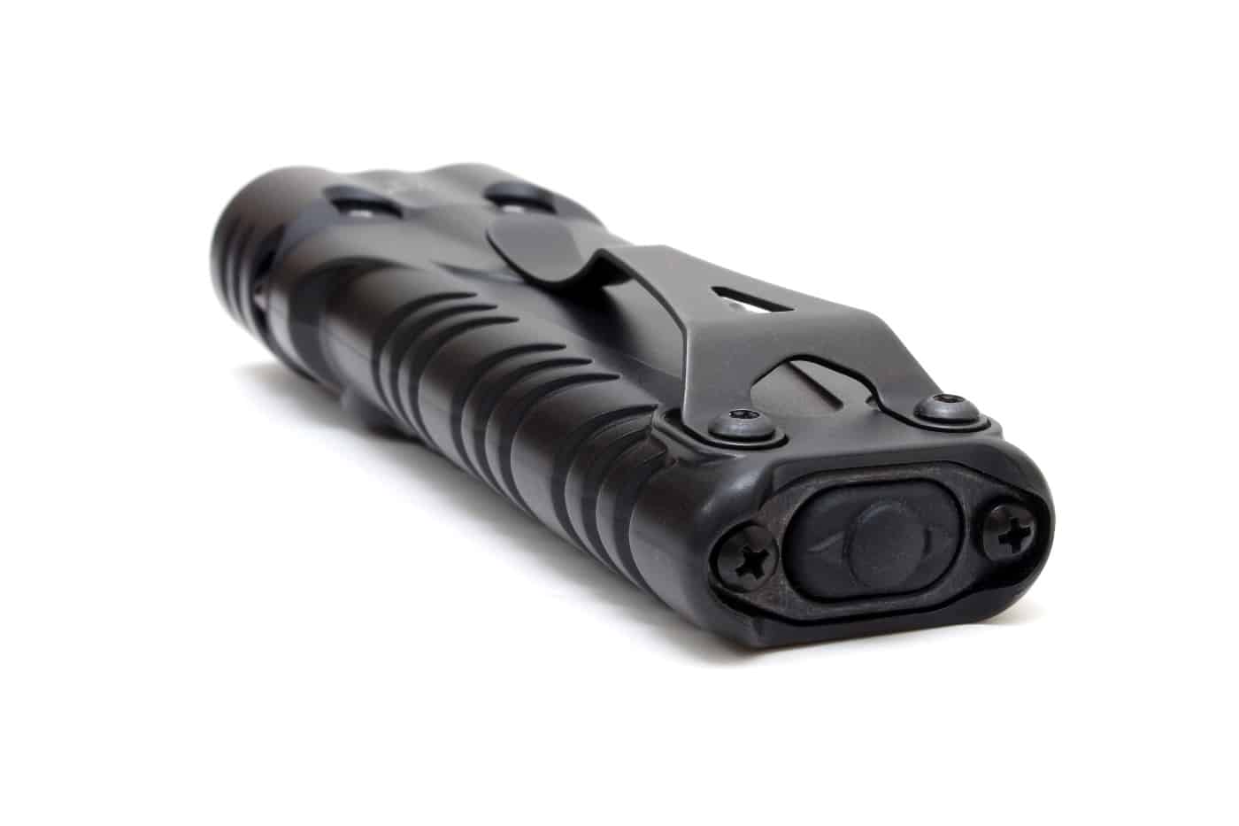 SureFire Stiletto Pro II review tail switch button is seen in this photograph. It makes for an excellend EDC light with a 5-star review.