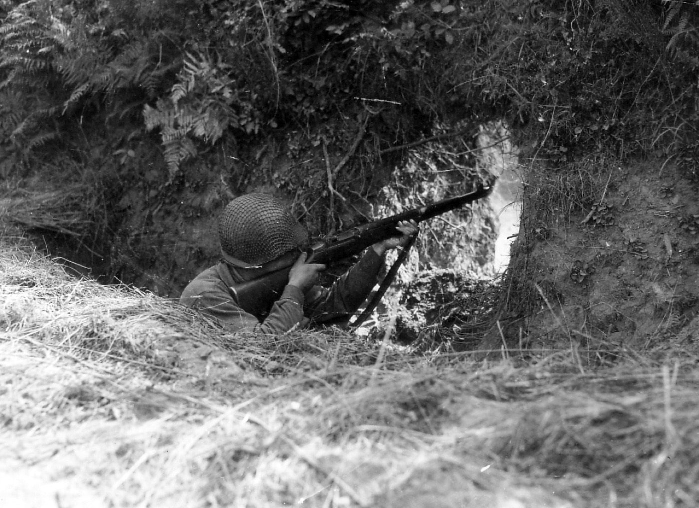 US soldier with M1 Garand rifle shoots through break in hedgerow