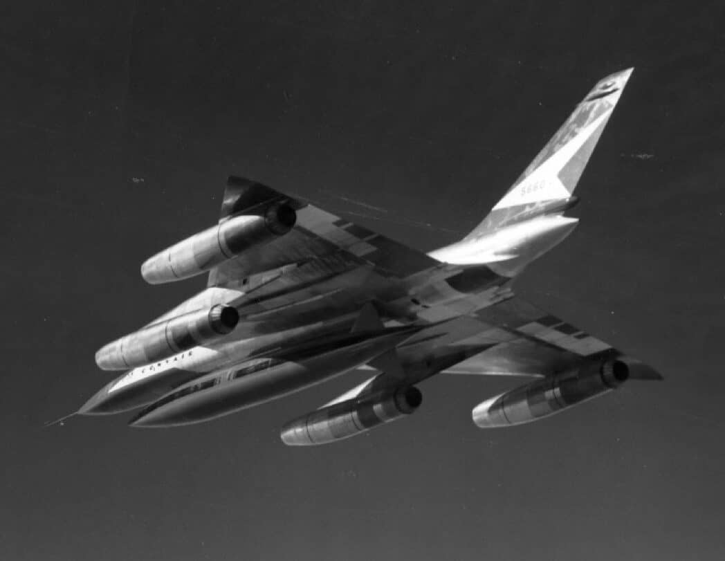 lower rear view of the B-58 shows the plane's four engines