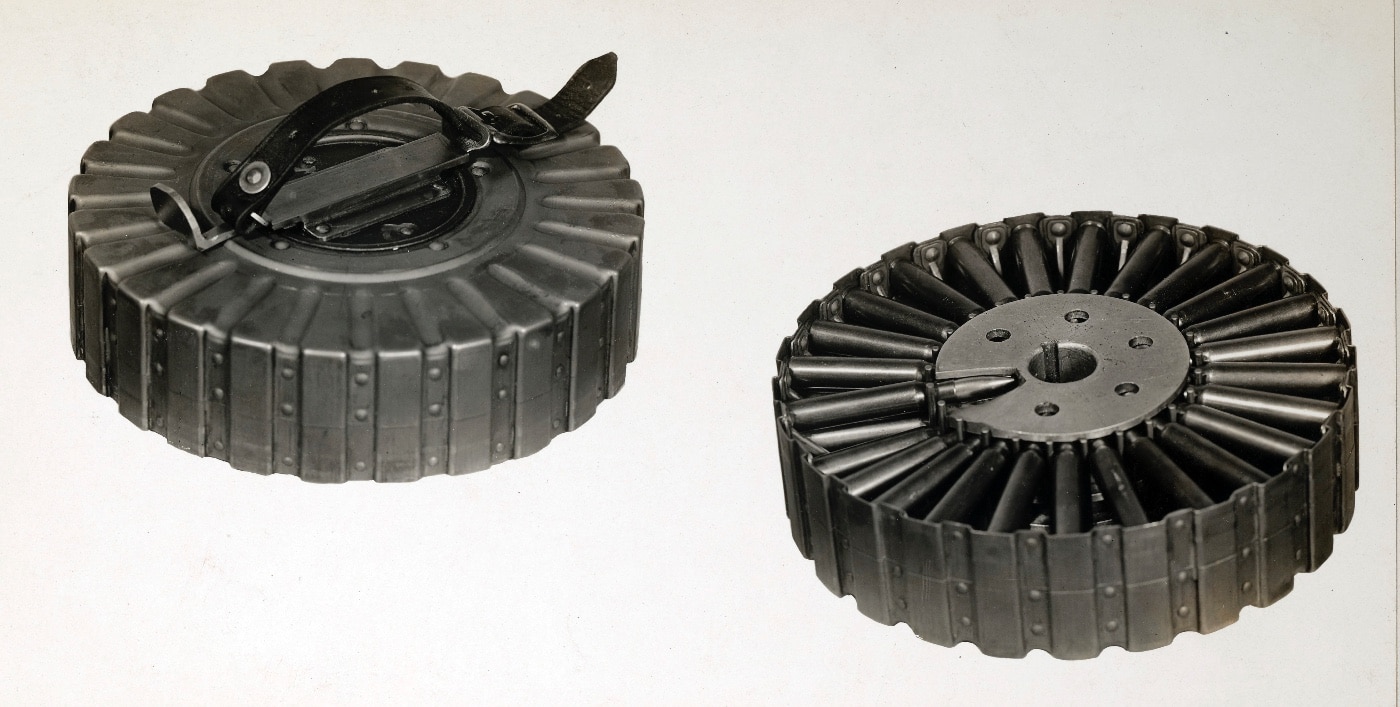 97-round drum magazine designed for aircraft mounted Lewis guns in World War I