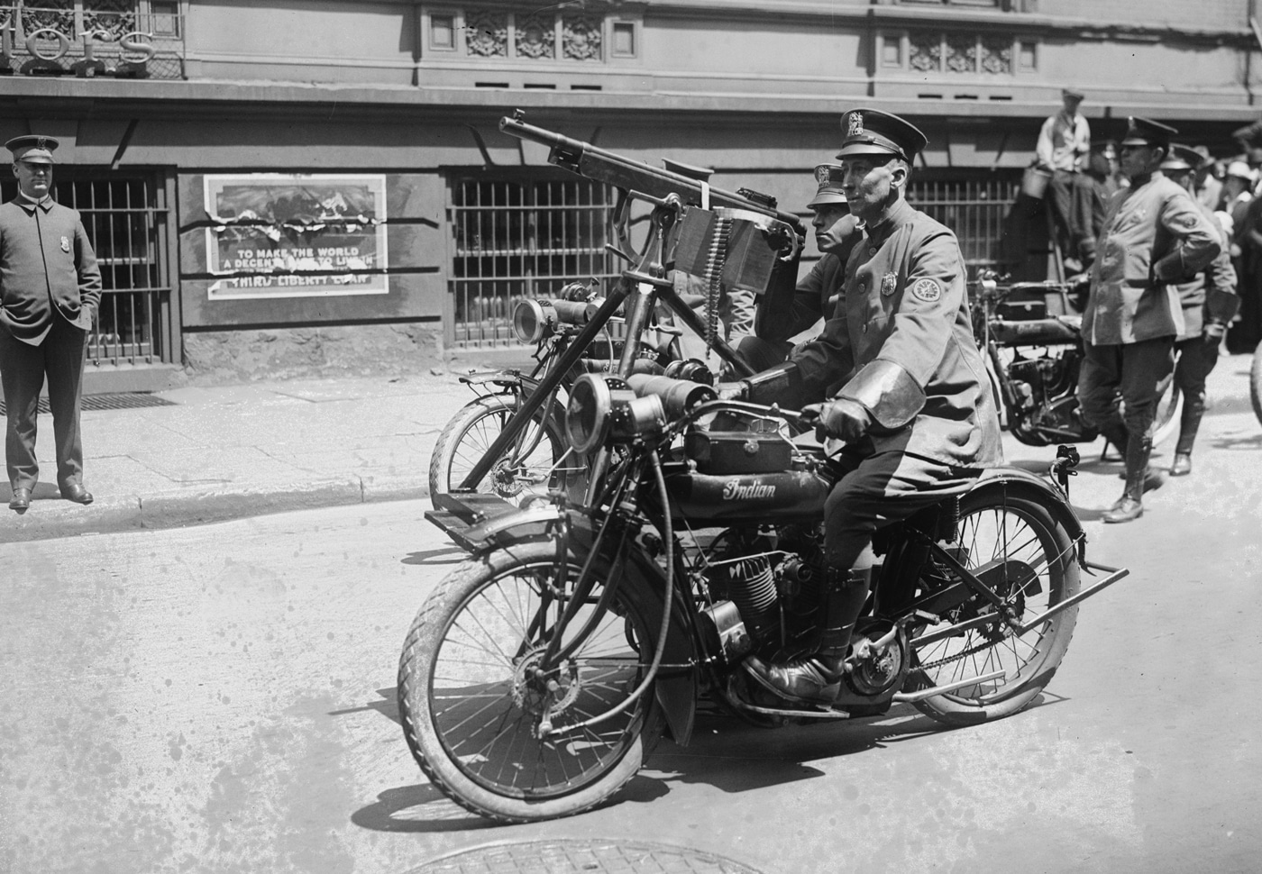 NYPD motorcycle equipped with M1895 machine gun in 1918 parade