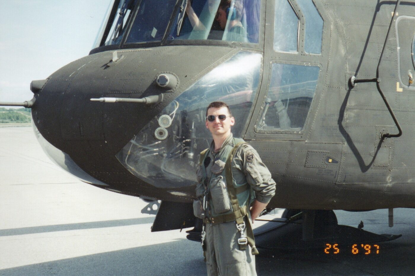 author Will Dabbs MD with his Boeing CH-47D Chinook helicopter