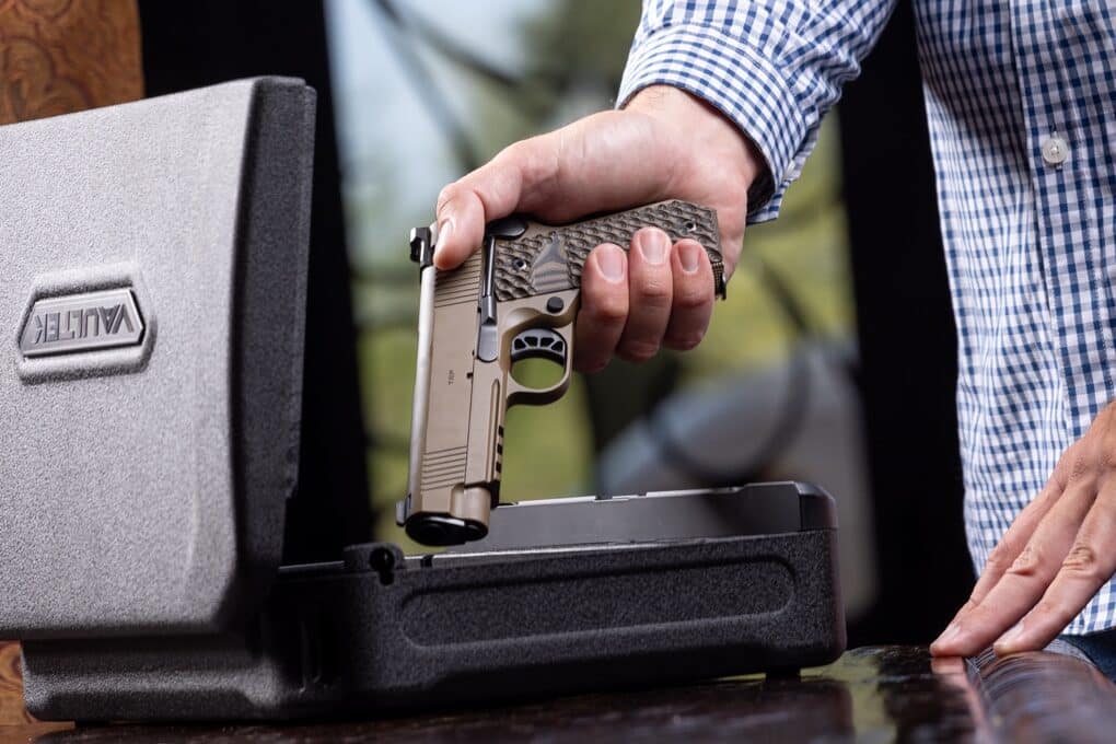 testing Springfield Armory 1911 TRP on shooting range