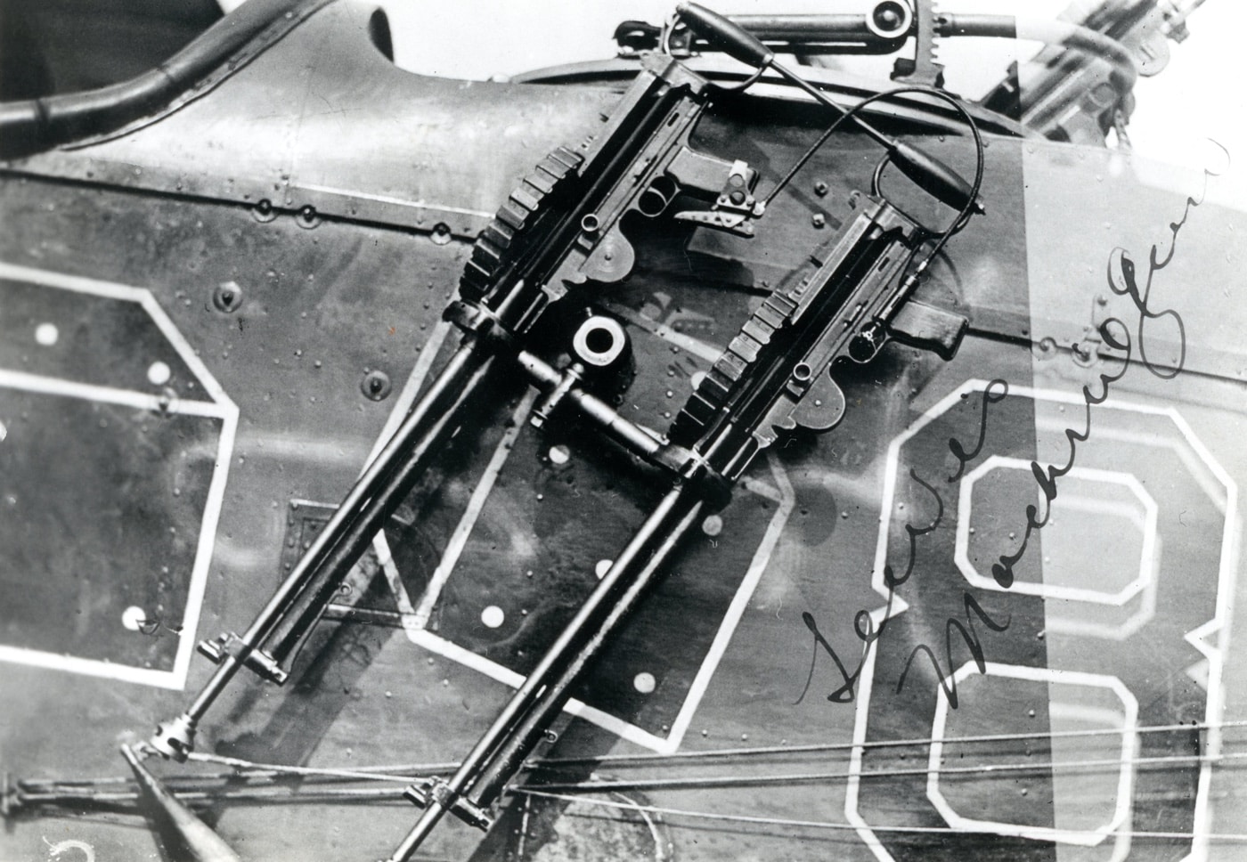 twin Lewis gun mounted for trench strafing on Airco DH.4 biplane day bomber