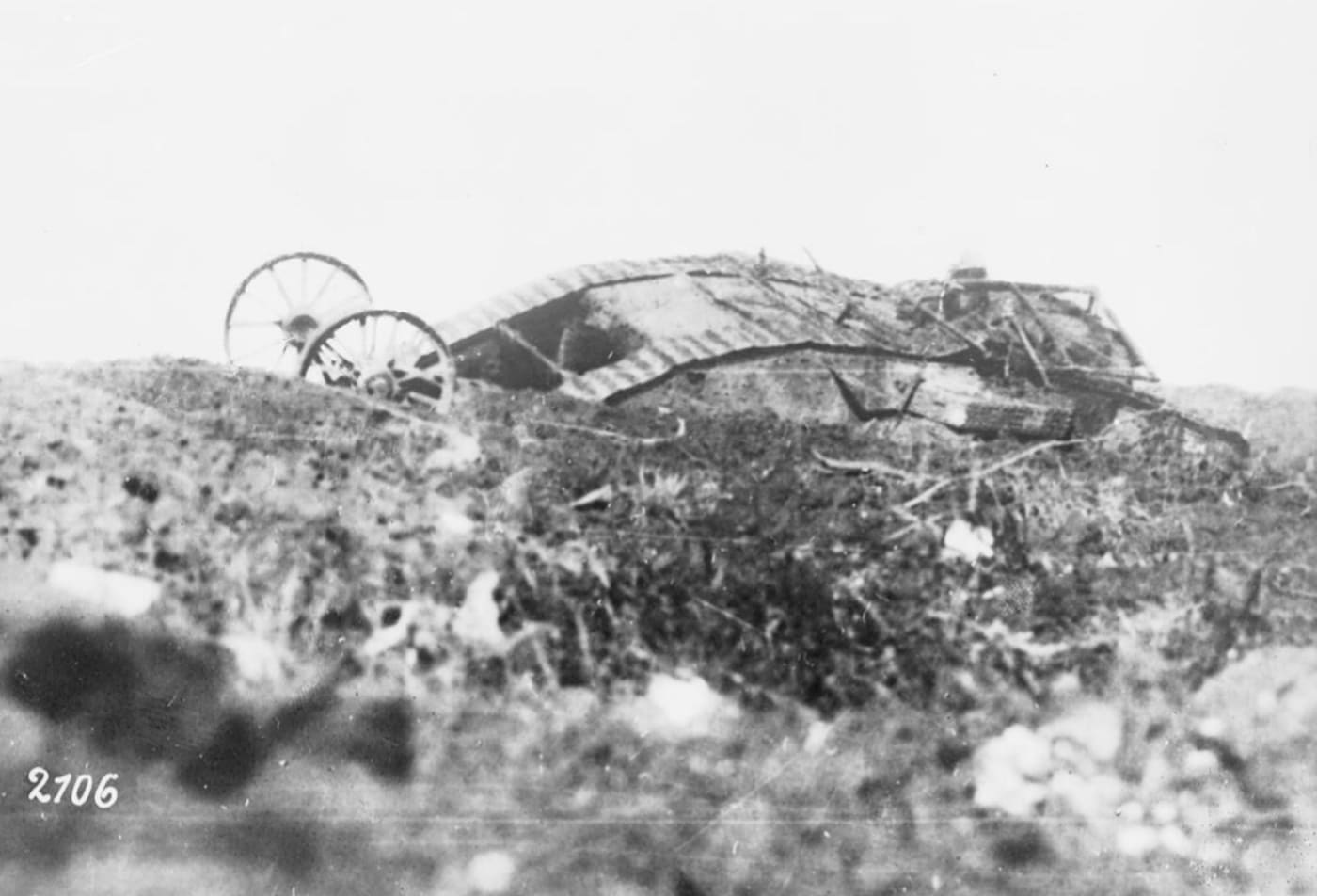 British Mark I tank destroyed by German hand grenades during Battle of Arras