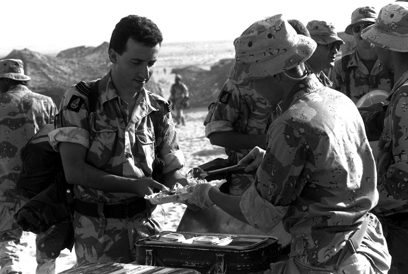 British soldier served Thanksgiving dinner by American US Marines 1st Marine Division Operation Desert Shield Gulf War