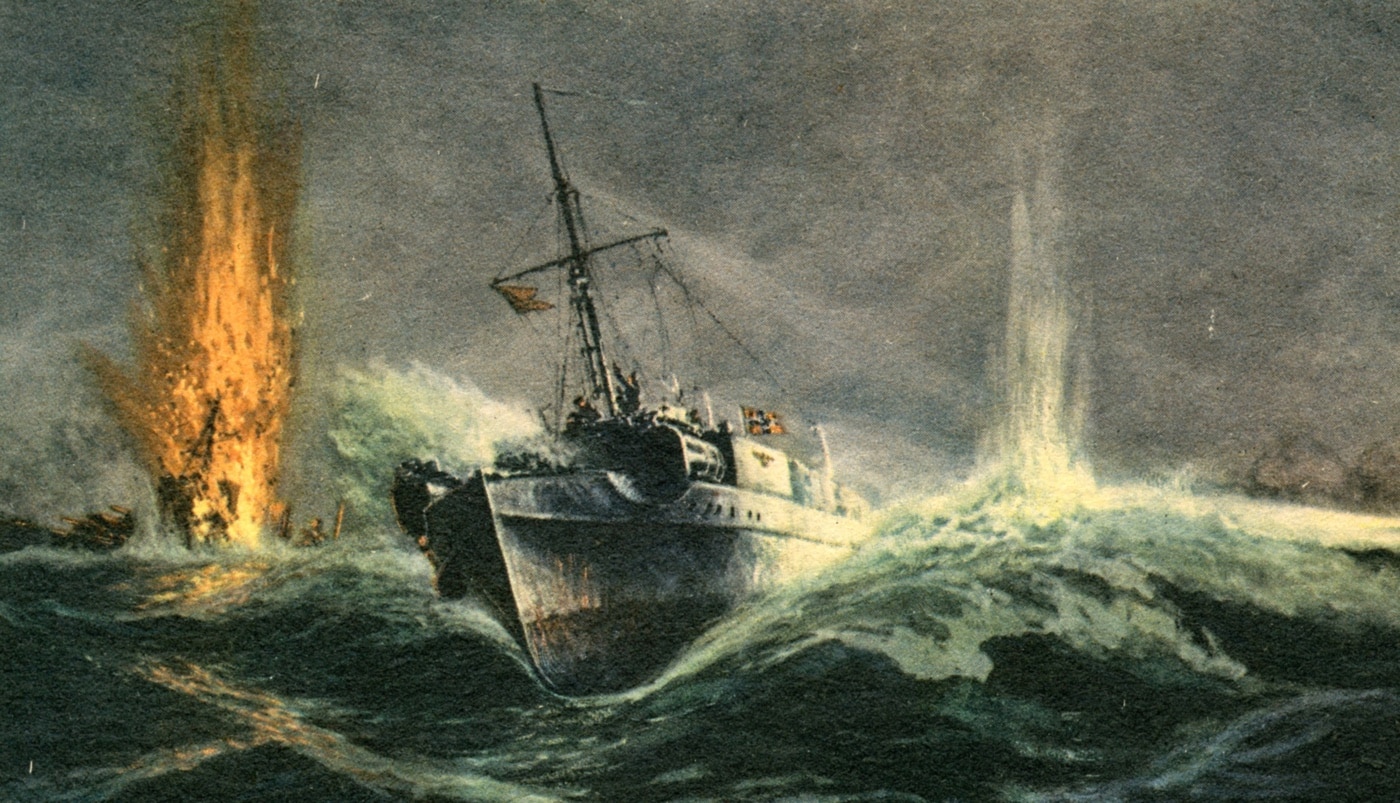 German E-boat attacking Allied LST during Exercise Tiger — This artwork was made on a postcard by Nazi Germany authorities during World War II to inspire confidence in the country's military and navy. The torpedo boats inflicted many casualties on the United States Army, United States Navy and United States Coast Guard during the training for Operation Neptune — the Normandy landings.