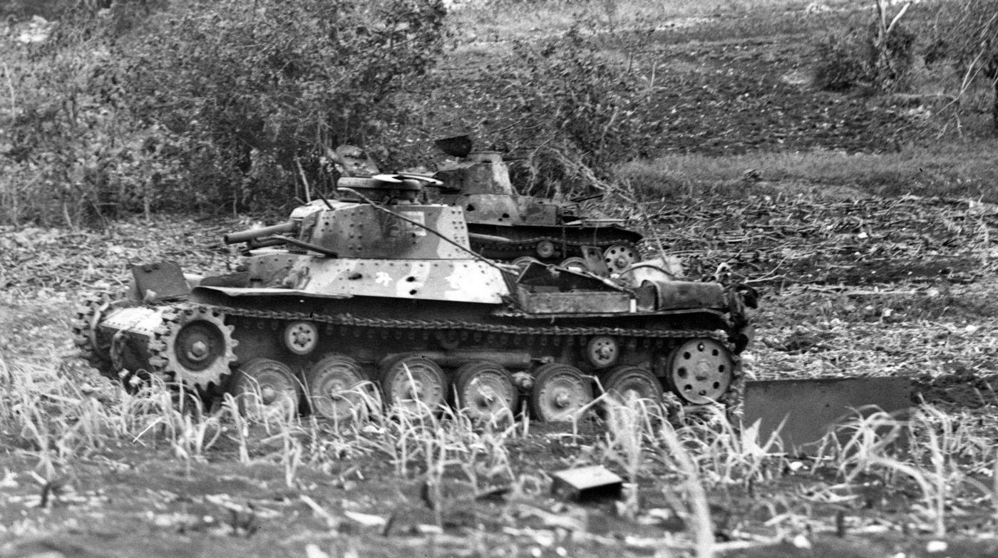 Japanese Type 97 Chi-Ha medium tank and Type 95 Ha-Go light tank on Saipan