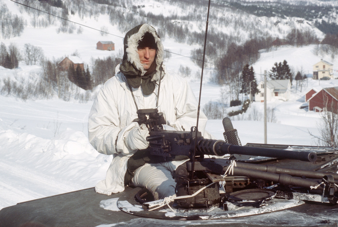 Marine with M2 Browning machine gun on M998 Humvee during Operation Cold Winter NATO military exercise