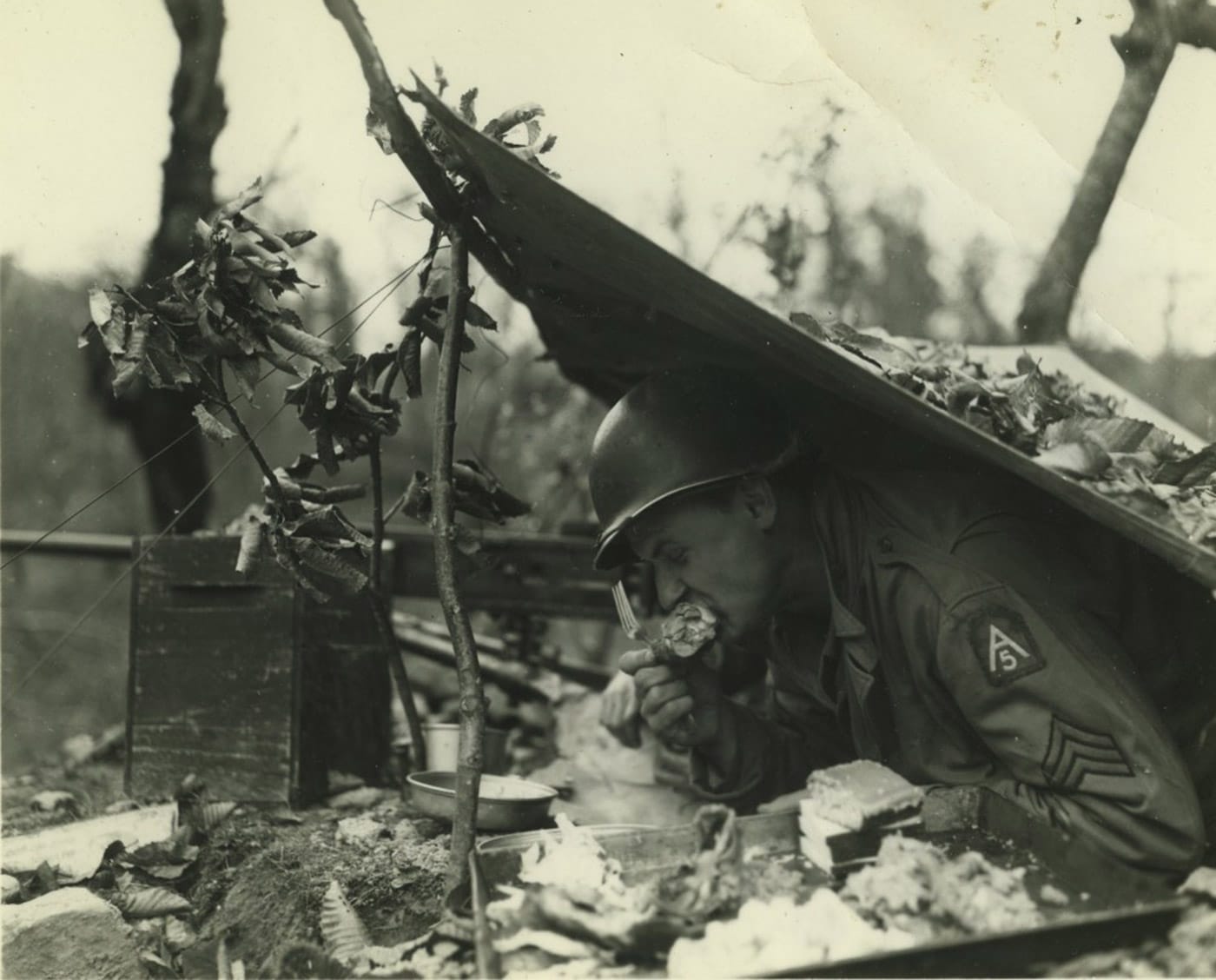 Thanksgiving dinner in a foxhole during World War II on the Italian Front north of Rome