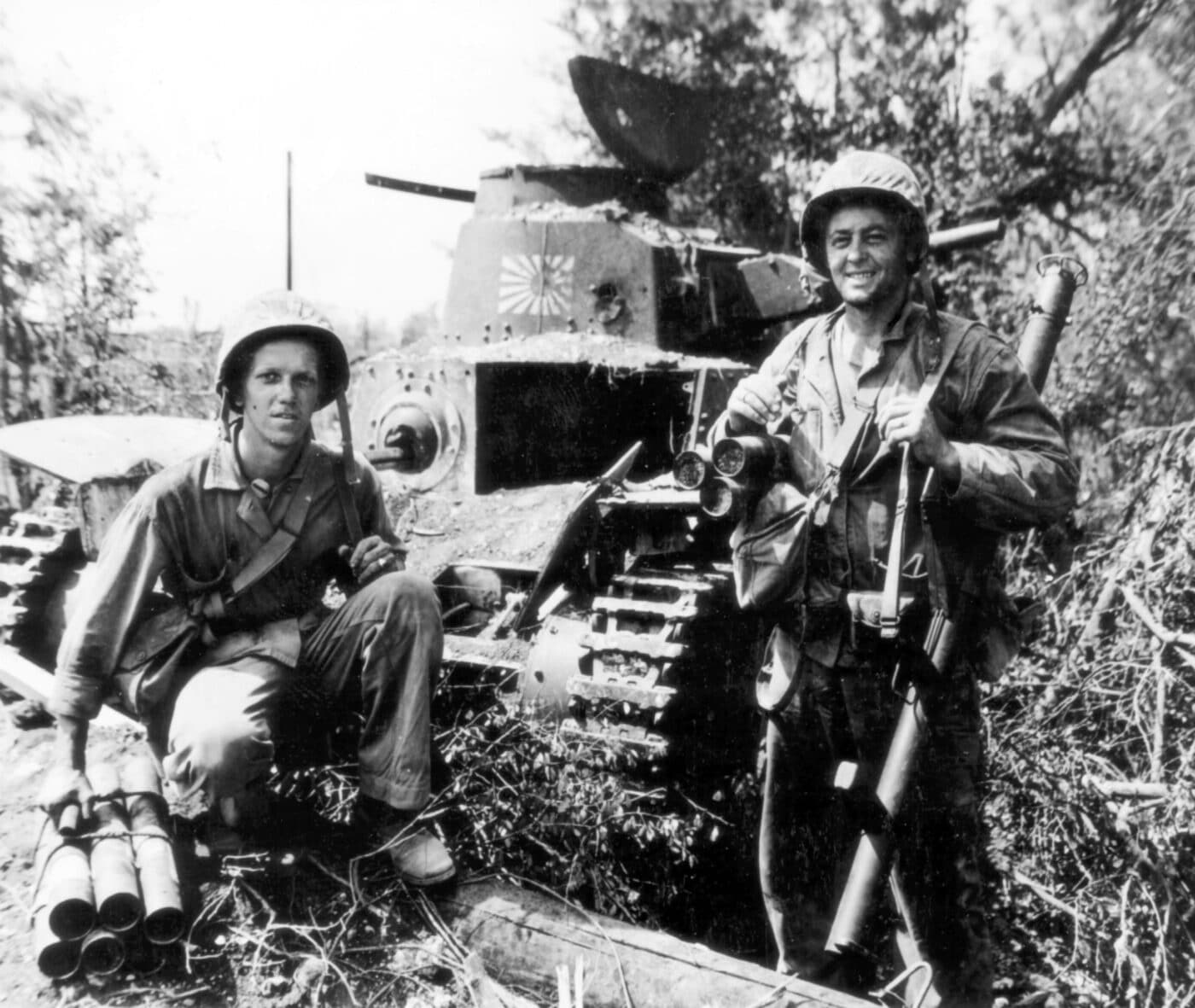 US Marines with bazooka kill Japanese Type 95 tank