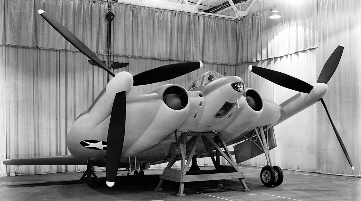 Vought XF5U prototype with retractable landing gear and six machine guns